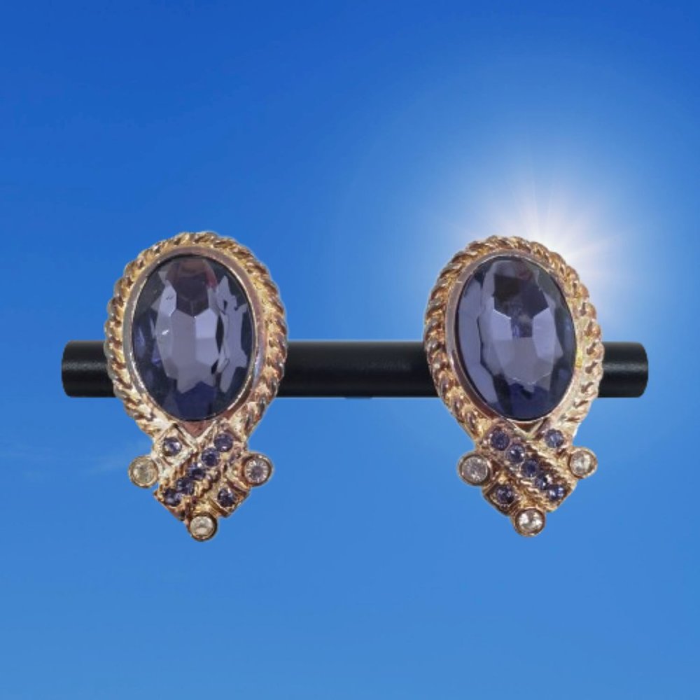 Glamorous Blue Clear Simulated Crystal Gold Tone CLIP-ON Earrings